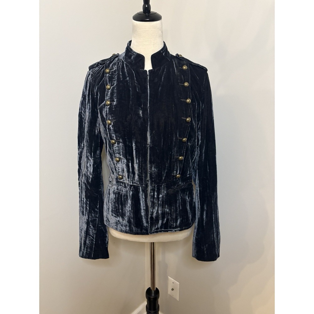 Naf Naf Velvet Military Jacket Blue Black Napoleon Lined Gold Buttons 40 Medium